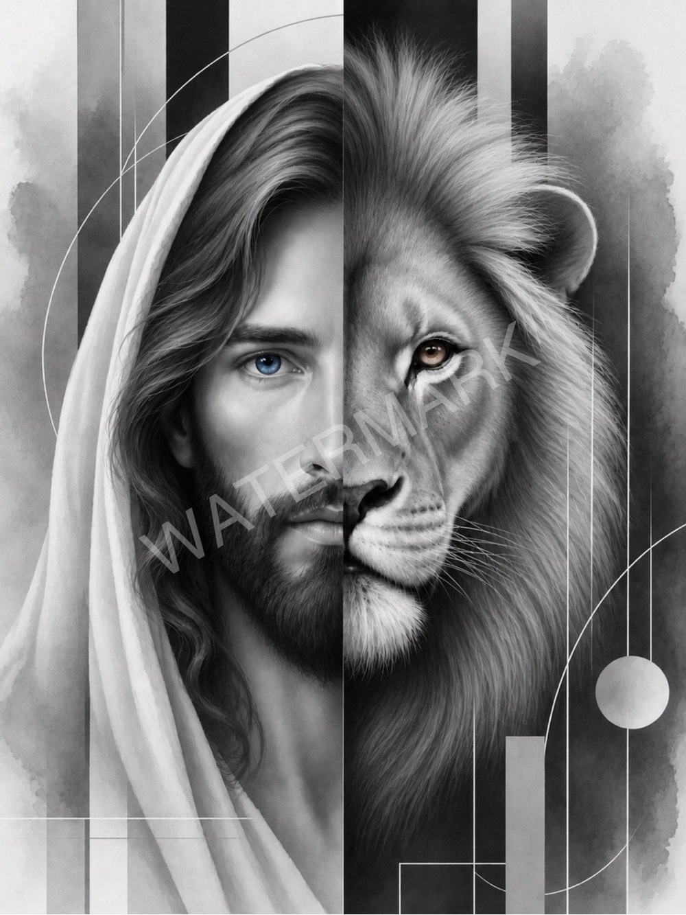 Split Portrait Lion and Jesus Canvas Framed Wall Art Print in Gray and White